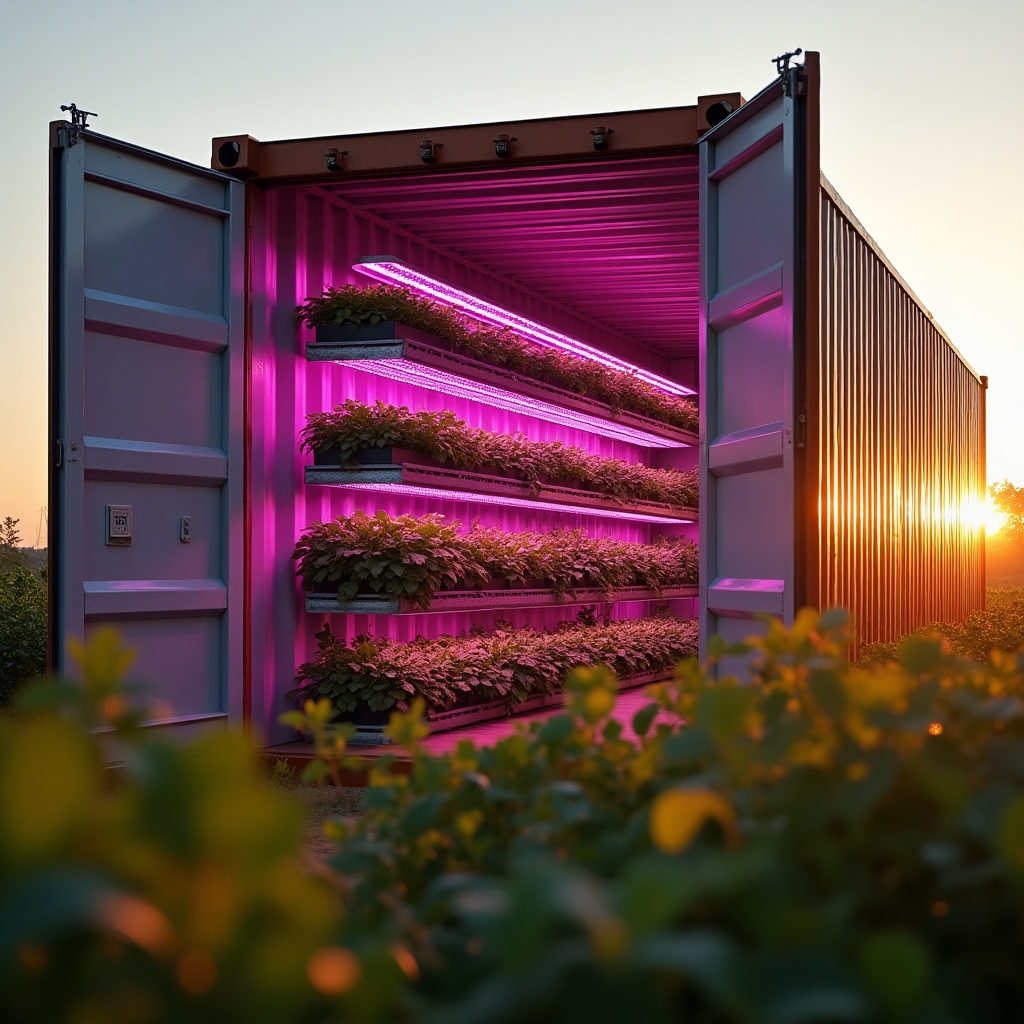 Contenedor marítimo reconvertido en módulo de cultivo vertical con estanterías iluminadas