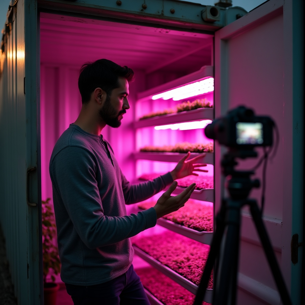 Persona grabando una lección explicativa frente a una cámara junto a estanterías de cultivo hidropónico