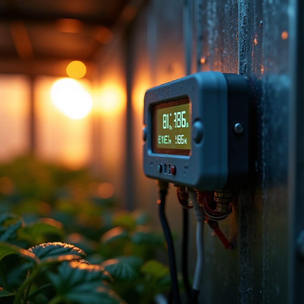 Detalle de sensores ambientales instalados en el interior de un contenedor de cultivo, mostrando cableado y pantalla de lectura