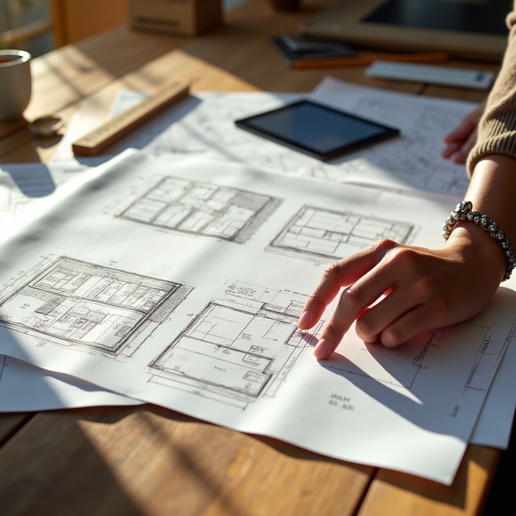 Planos técnicos y esquemas impresos extendidos sobre una mesa de trabajo junto a herramientas de dibujo