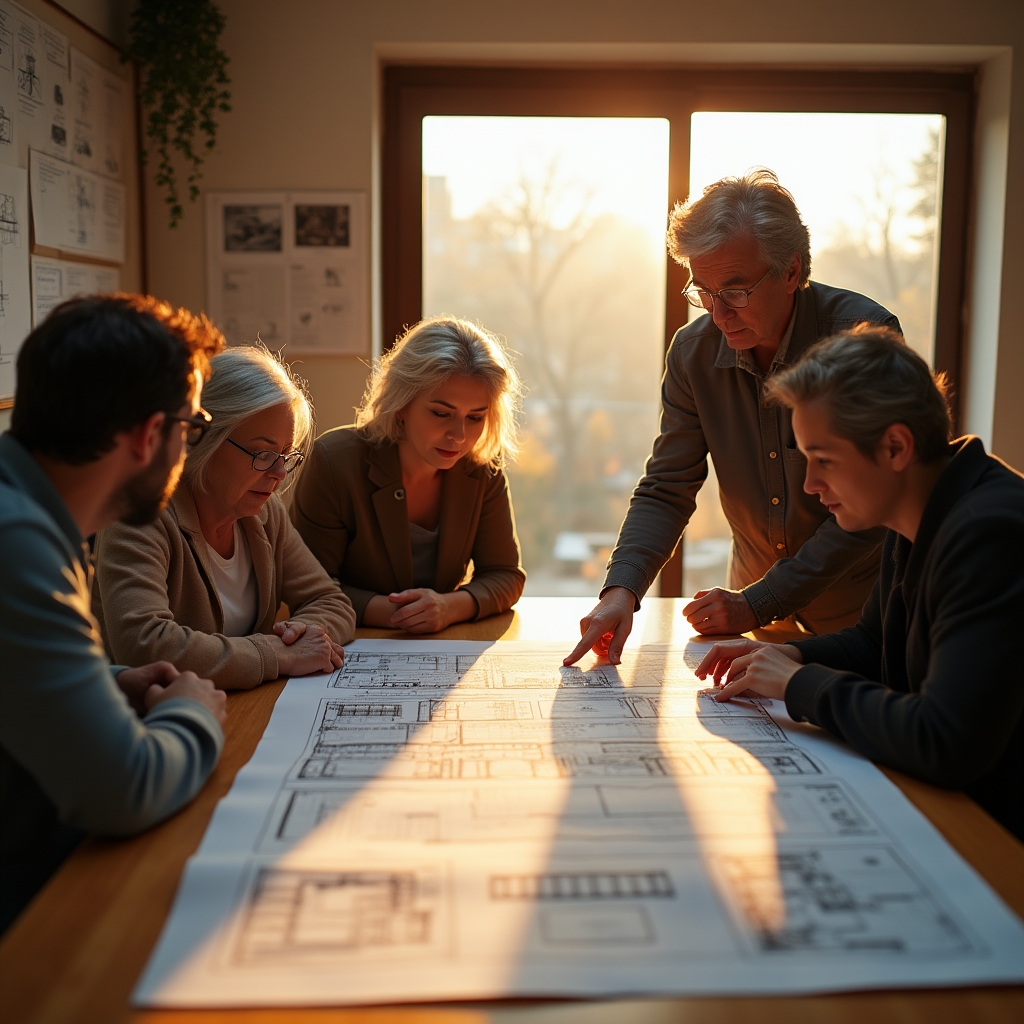 Grupo de personas revisando un plano técnico impreso sobre una mesa de taller